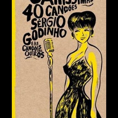 Capa de livro com ilustração de mulher com vestido ao lado de microfone e texto manuscrito