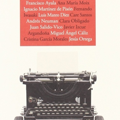 Capa de livro com título, lista de autores e máquina de escrever com rodas