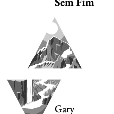 Capa do livro Montanhas e Rios Sem Fim com ilustrações de montanha e cascata em triângulos cinzentos