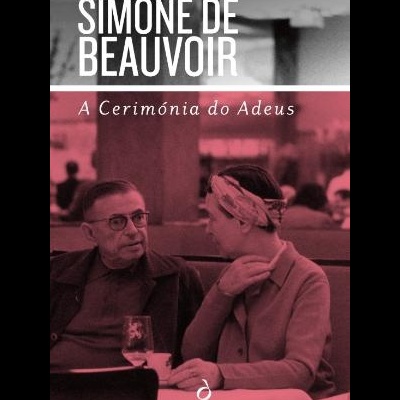 Capa de livro com homem e mulher sentados em café e texto SIMONE DE BEAUVOIR A Cerimónia do Adeus
