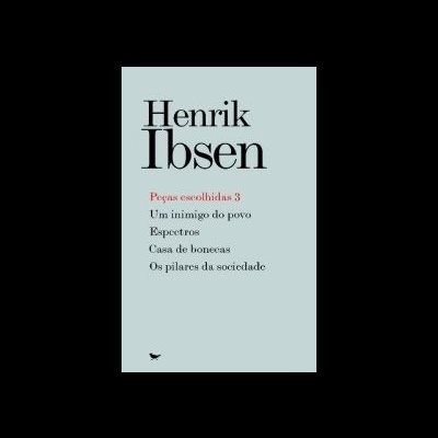 Capa do livro Henrik Ibsen com títulos de peças em fundo cinza