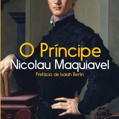 Capa do livro 'O Príncipe' de Nicolau Maquiavel com retrato de homem jovem em traje preto