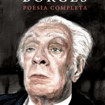 Capa de livro Jorge Luis Borges Poesia Completa com retrato ilustrado de homem idoso