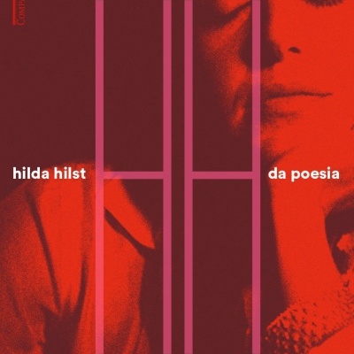 Capa de livro laranja e vermelho com rosto feminino e texto Hilda Hilst da poesia