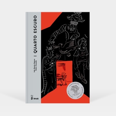 Capa do livro 'Quarto Escuro' em preto, vermelho e cinza com ilustrações e selo prateado