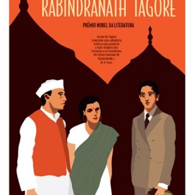 Capa de livro A Casa e o Mundo de Rabindranath Tagore com ilustração de três pessoas e fundo laranja.