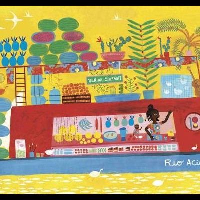 Barco vermelho decorado com plantas e frutas coloridas, texto 'MANSA STORE!!' e 'Rio Acima' em fundo amarelo