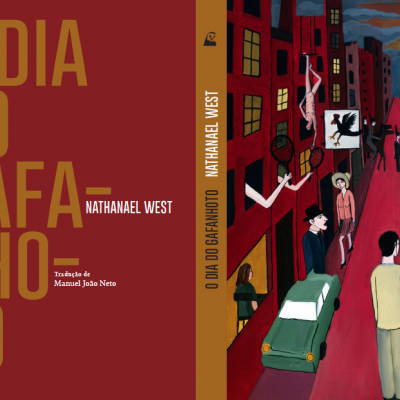 Capa de livro O DIA DO GAFANHOTO com ilustração urbana e texto em amarelo e branco.