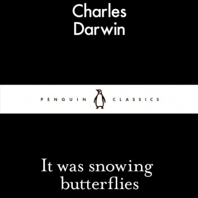Capa de livro preta com texto branco de Charles Darwin e título It was snowing butterflies
