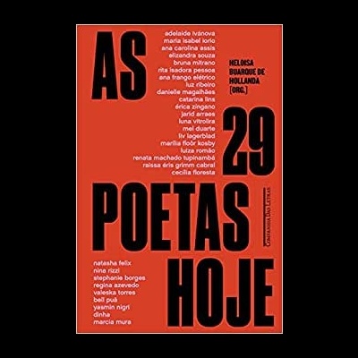 Capa de livro vermelha com texto preto grande 'AS 29 POETAS HOJE' e lista de nomes.