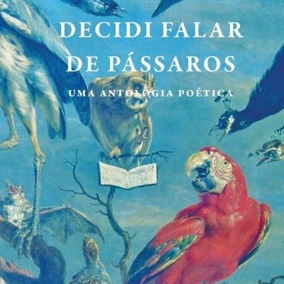 Capa de livro com ilustração de vários pássaros coloridos num fundo azul