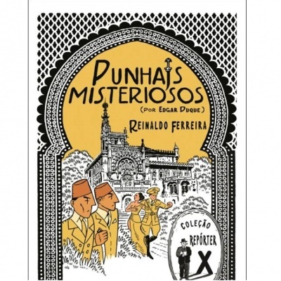 Capa do livro 'Punhais Misteriosos' com ilustração de homens e edifício