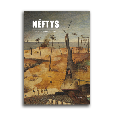 Capa de revista NÉFTYS com ilustração surrealista de paisagem árida e figuras penduradas