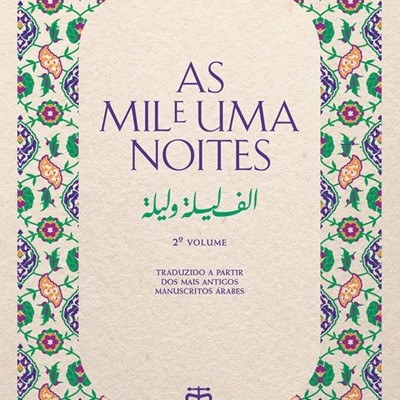 Capa de livro As Mil e Uma Noites com padrão floral colorido e texto bilingue.