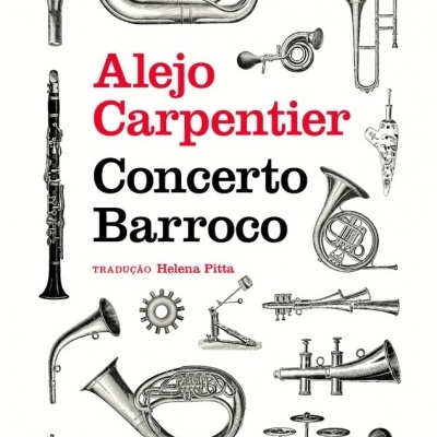 Capa do livro Concerto Barroco com desenhos de instrumentos musicais e texto em vermelho e preto