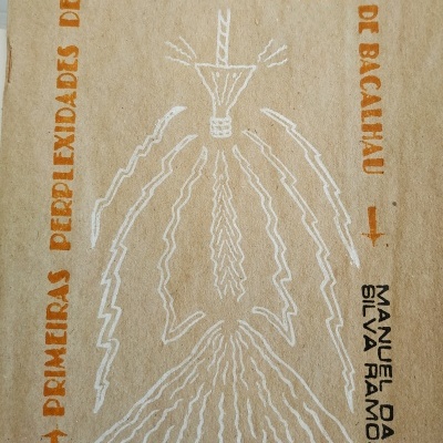 Capa de livro com texto em laranja e preto e desenho branco abstrato