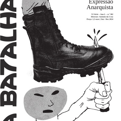 Capa do jornal 'A Batalha' com uma bota a pisar numa faca e texto informativo.