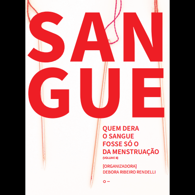 Capa branca de livro com o título SANGUE em vermelho e agulhas com linhas coloridas