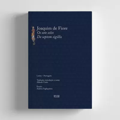 Livro de capa dura azul escura com texto branco e decoração colorida