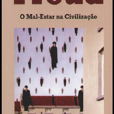 Capa de livro Freud O Mal-Estar na Civilização com ilustração surrealista de figuras humanas suspensas
