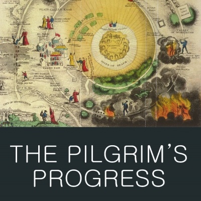 Capa de livro com mapa ilustrado colorido e título THE PILGRIM'S PROGRESS