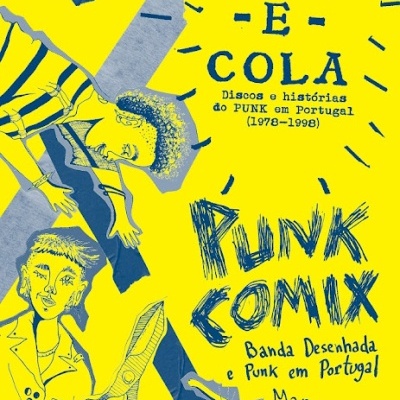 Capa amarela de livro com texto azul e ilustrações de personagens e tesouras