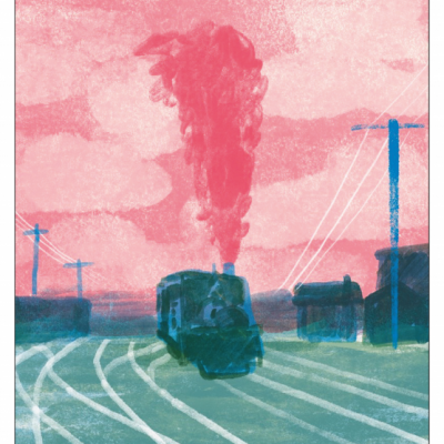 Capa de livro com comboio a vapor e texto em preto