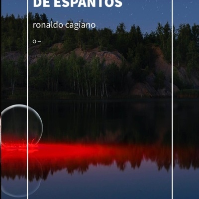 Capa de livro com paisagem noturna de floresta e lago com linha vermelha brilhante e texto branco