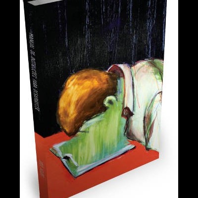 Capa de livro com ilustração de pessoa inclinada sobre mesa vermelha