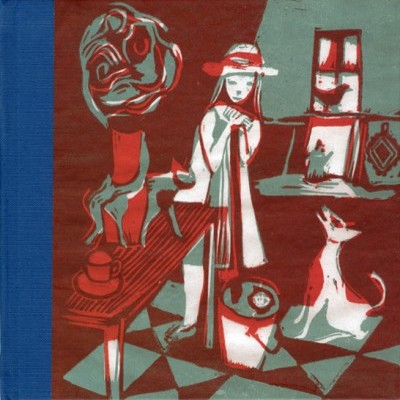 Ilustração artística com figura humana, cão e cenário interior em tons vermelho, verde e branco