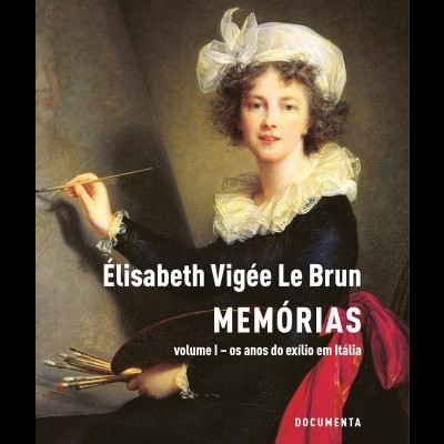 Capa de livro com retrato de mulher pintora e texto em branco sobre fundo escuro.