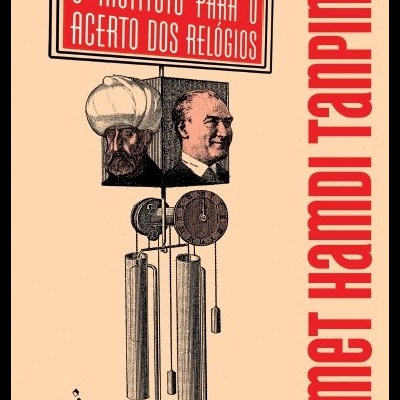 Imagem gráfica com texto e ilustração de mecanismo de relógio e retratos em tons cinza e vermelho