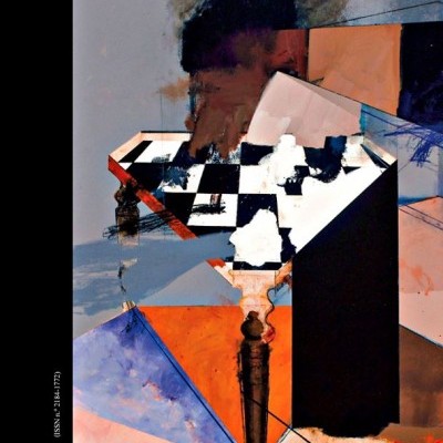 Capa de livro com arte abstrata em preto, branco, laranja e azul e texto NERVO/8 coletivo de poesia