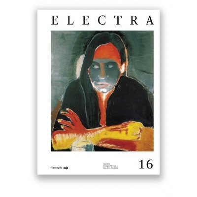 Capa de revista ELECTRA com pintura de figura humana em tons laranja, preto e cinza