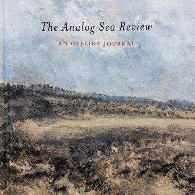 Capa de jornal com ilustração de paisagem costeira e texto 'The Analog Sea Review'