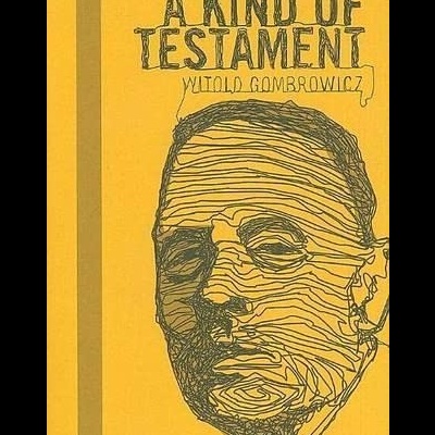 Capa de livro amarelo com desenho a linhas pretas de um rosto e título A KIND OF TESTAMENT