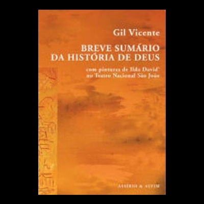 Capa do livro 'BREVE SUMÁRIO DA HISTÓRIA DE DEUS' de Gil Vicente com fundo laranja e texto em branco e amarelo