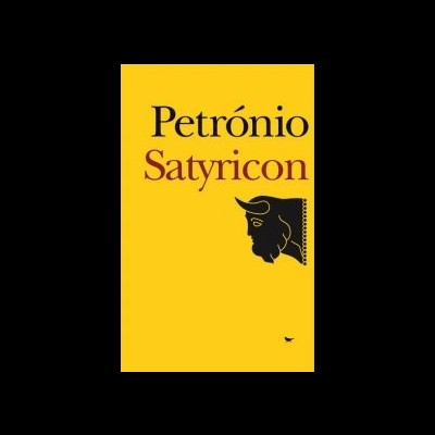 Capa de livro amarela com texto Petrónio Satyricon e desenho de cabeça preta