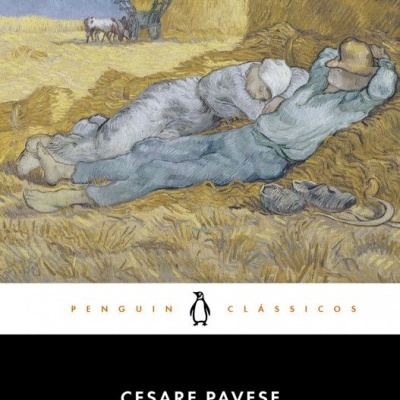 Capa do livro 'Trabalhar Cansa' com pintura de homem e criança a descansar na palha