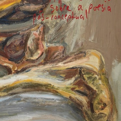 Pintura abstrata com texto manuscrito em vermelho sobre poesia pós-conceptual.