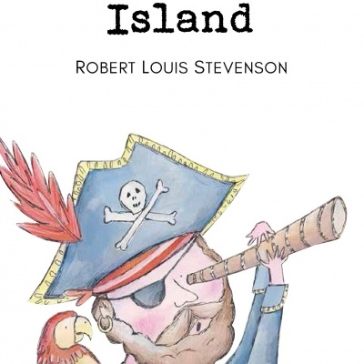 Capa de livro Treasure Island com ilustração de pirata e papagaio.