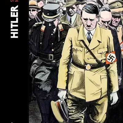 Capa de livro com ilustração de Adolf Hitler e militares em uniforme com braçadeira nazista