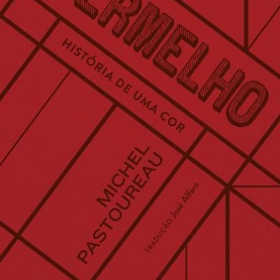 Capa de livro vermelha com texto e padrão geométrico preto