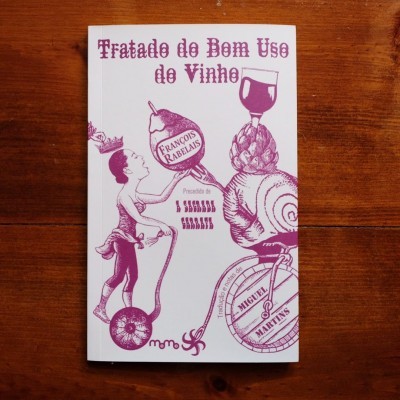 Capa branca de livro com ilustração e texto em roxo sobre vinho