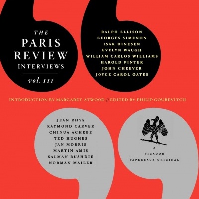 Capa do livro The Paris Review Interviews vol. III com fundo vermelho e aspas grandes pretas e cinzentas