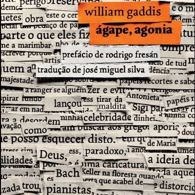 Capa de livro com recortes de notícias em preto e branco e faixas laranja com título e autor