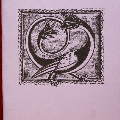 Capa rosa de livro com texto e ilustração em preto de uma figura mitológica com duas cabeças de serpente