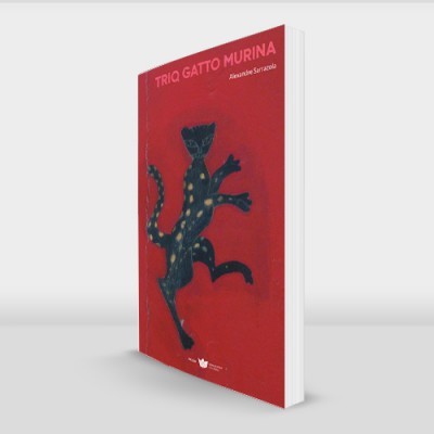 Livro com capa vermelha e ilustração de gato preto em fundo branco