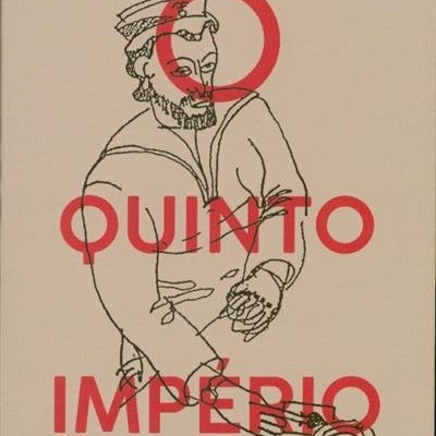 Capa de livro 'O QUINTO IMPÉRIO' com ilustração de homem desenhado a traço preto