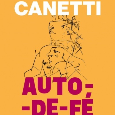 Capa de livro laranja com título AUTO-DE-FÉ e autor ELIAS CANETTI